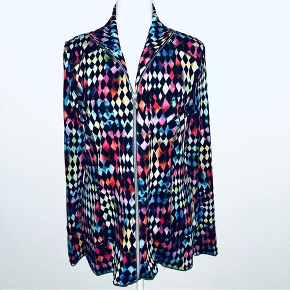 SNOSKINS Zip Jacket Back Hidden Pocket Multi Color Diamonds EUC Exercise SZ Med - Picture 1 of 7